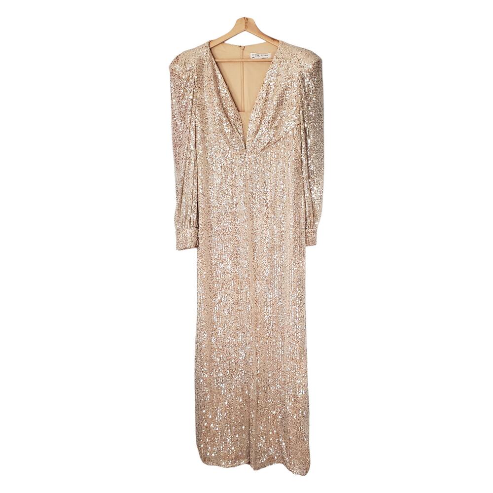 Ieena for Mac Duggal Sequined Plunge Bishop Sleeve Dress Gown Gold FLAWED 12